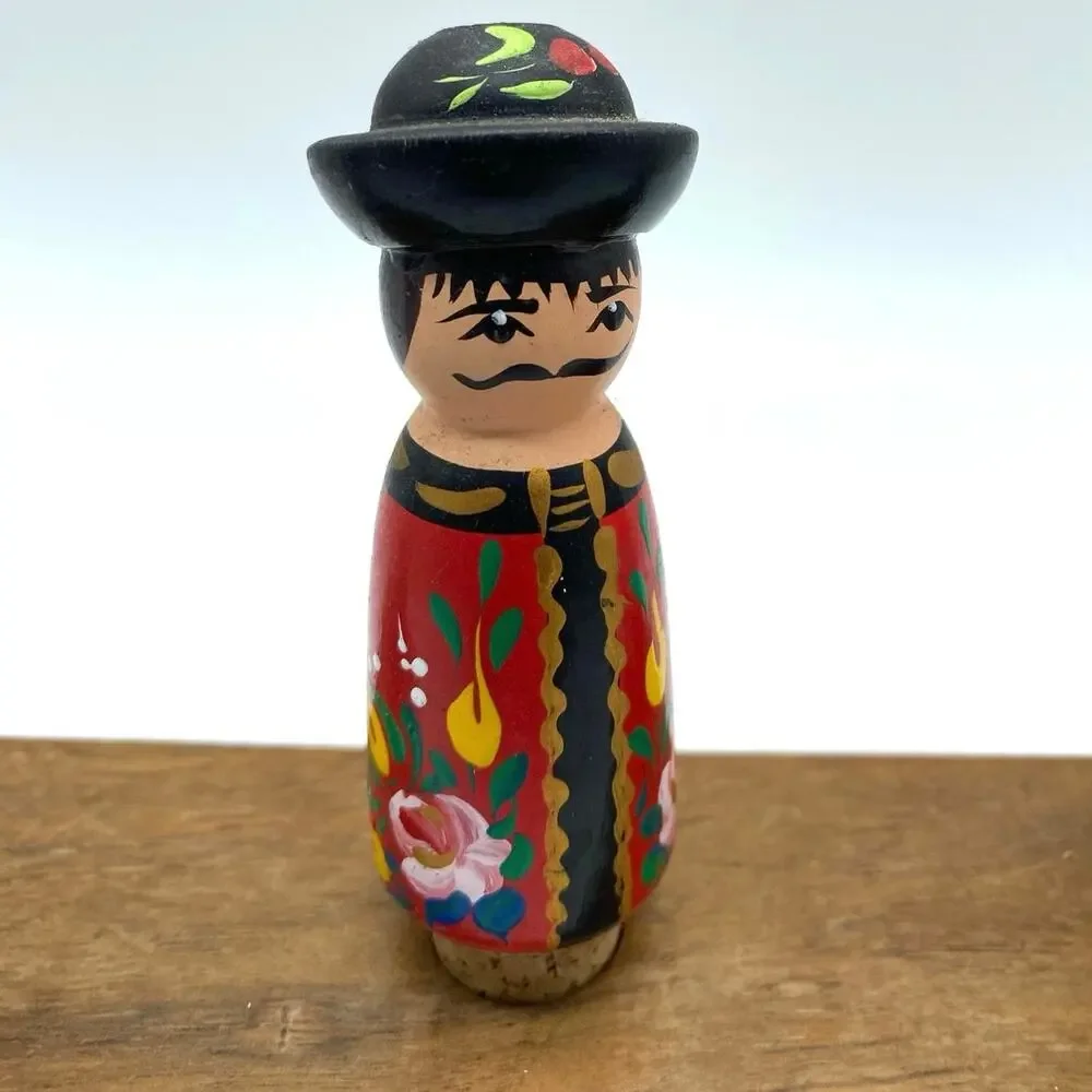 Vintage Hungarian‎ Hand Painted Folk Art Dolls Bottle Stoppers 3 with wood stand